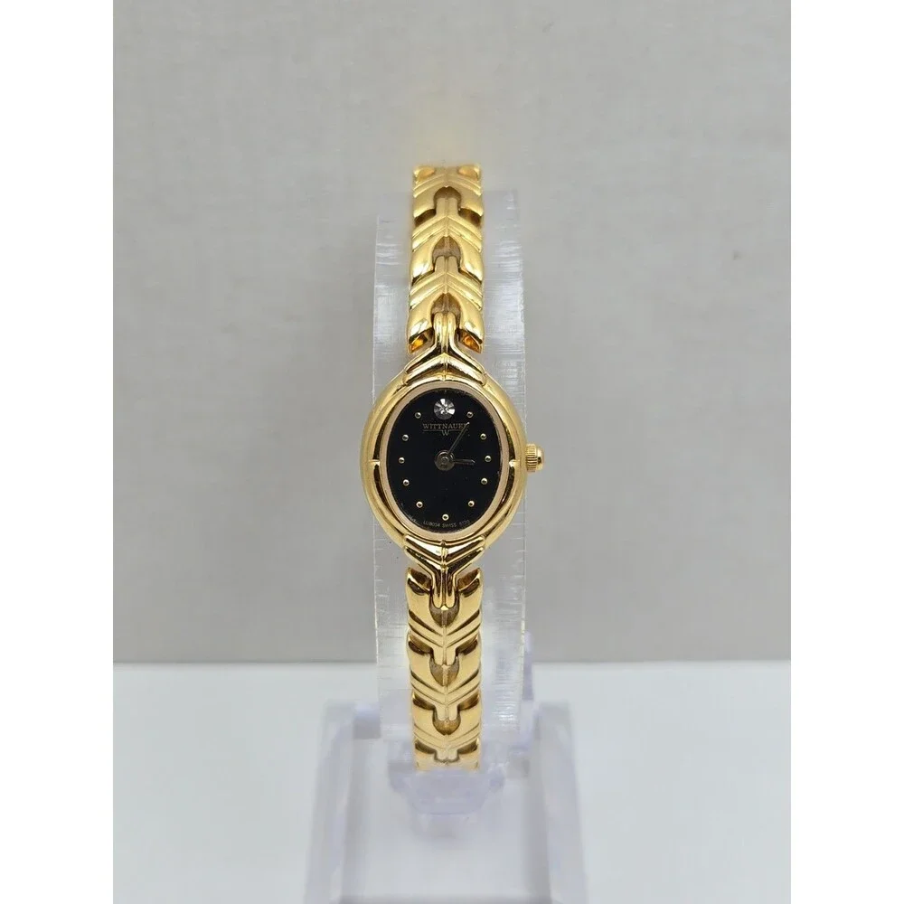 Wittnauer LU8034 Womens Swiss Quartz Gold Tone Black Dial Oval Watch New Battery